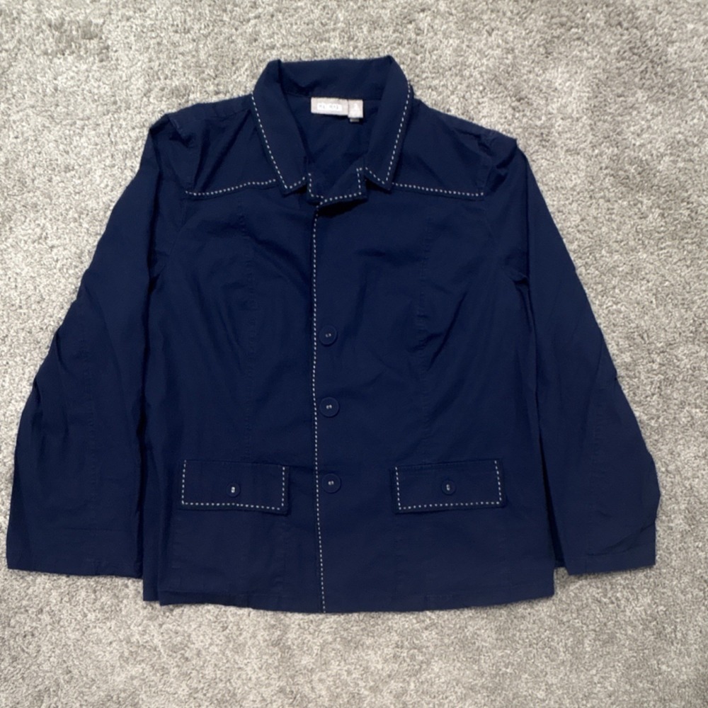 Chico's Women Blue Button Front Jacket Pockets Short Long Sleeve Size 3